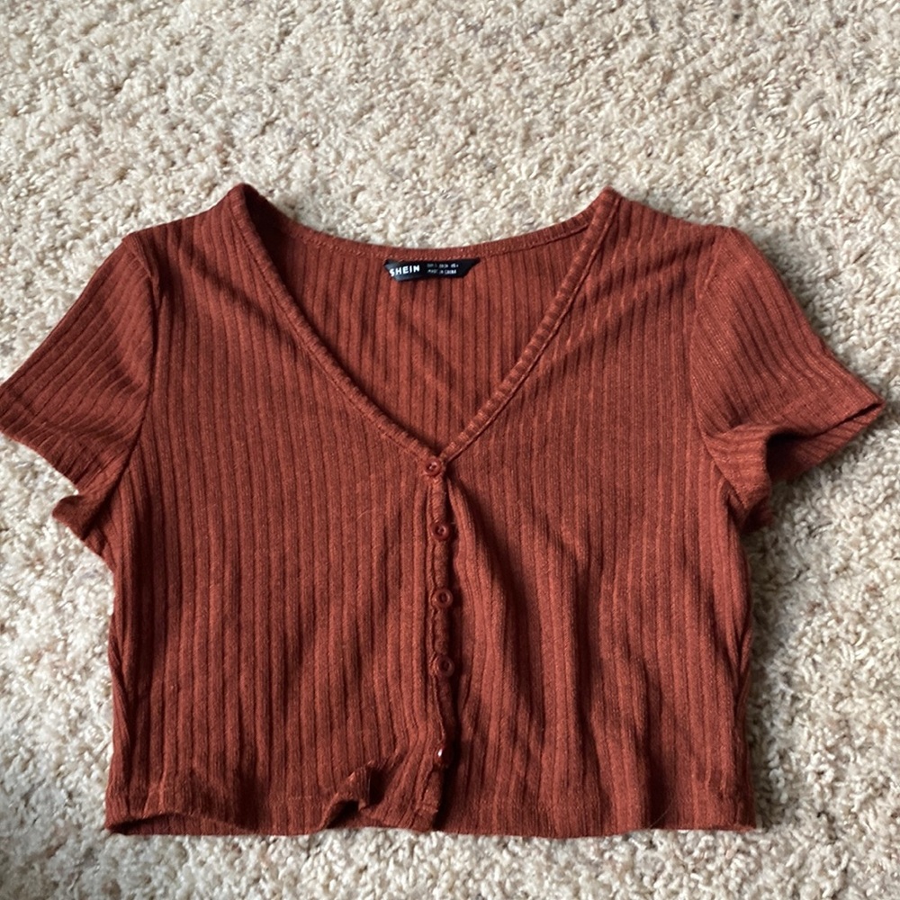 Brown-Red Ribbed Button Down Baby Tee